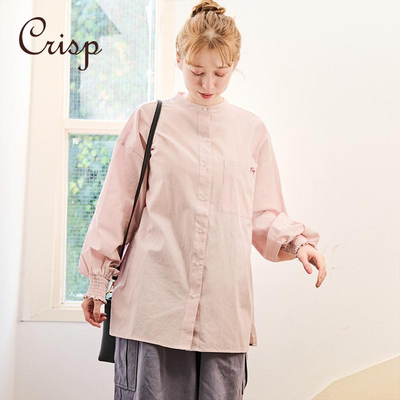CRISP日系穿搭条纹刺绣纯棉长袖衬衫女圆领休闲衬衣2025春季新款