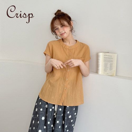 CRISP日系肌理落肩袖轻薄衬衫上衣女圆领短袖衬衣2026夏季新款