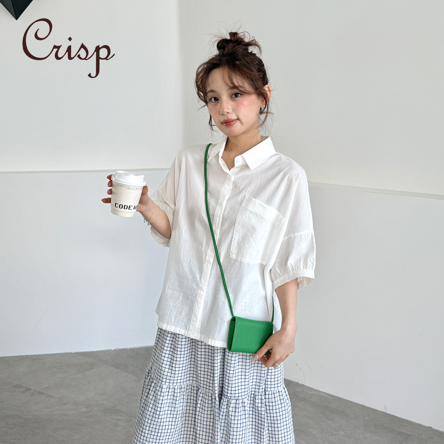 CRISP日系文艺条纹五分袖衬衫上衣女翻领斜口袋衬衣2026夏季新款