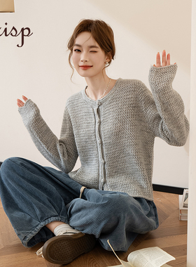 CRISP日系穿搭 20%羊毛针织开衫女薄款灰色毛衣外套2025秋冬新款