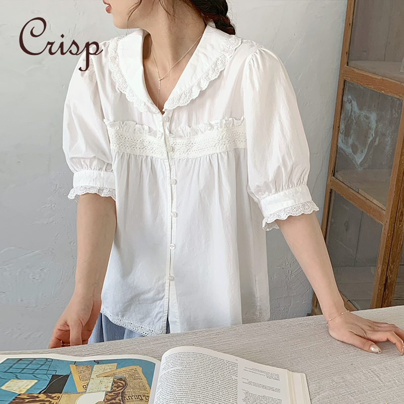 CRISP日系穿搭蕾丝边短袖衬衫女小翻领白色纯棉上衣2025夏季新款