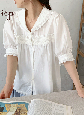 CRISP日系穿搭蕾丝边短袖衬衫女小翻领白色纯棉上衣2025夏季新款