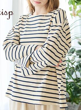CRISP日系穿搭小刺绣条纹纯棉t恤女长袖宽松上衣内搭2025春季新款