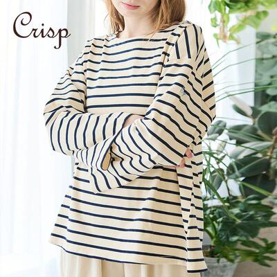 CRISP日系穿搭小刺绣条纹纯棉t恤女长袖宽松上衣内搭2025春季新款