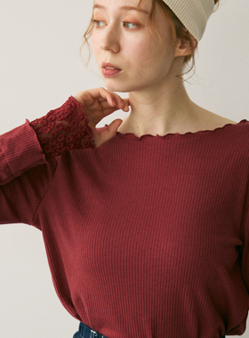 CRISP日系坑条针织打底衫女蕾丝拼接袖口长袖T恤内搭2026春季新款