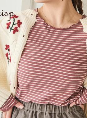 CRISP日系穿搭低圆领条纹长袖t恤女薄款纯棉打底衫上衣2025年新款