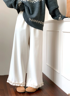 CRISP日系穿搭木耳边抓绒加厚阔腿裤女宽松直筒休闲裤2025冬新款