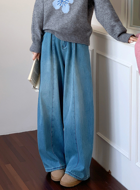 CRISP日系穿搭加绒水洗蓝色牛仔裤女阔腿宽松弯刀裤2025冬季新款