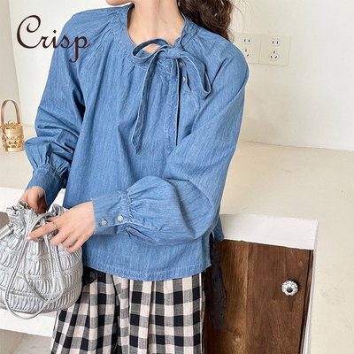 CRISP日系领口系带牛仔衬衫女独特超好看长袖上衣小衫2025春新款