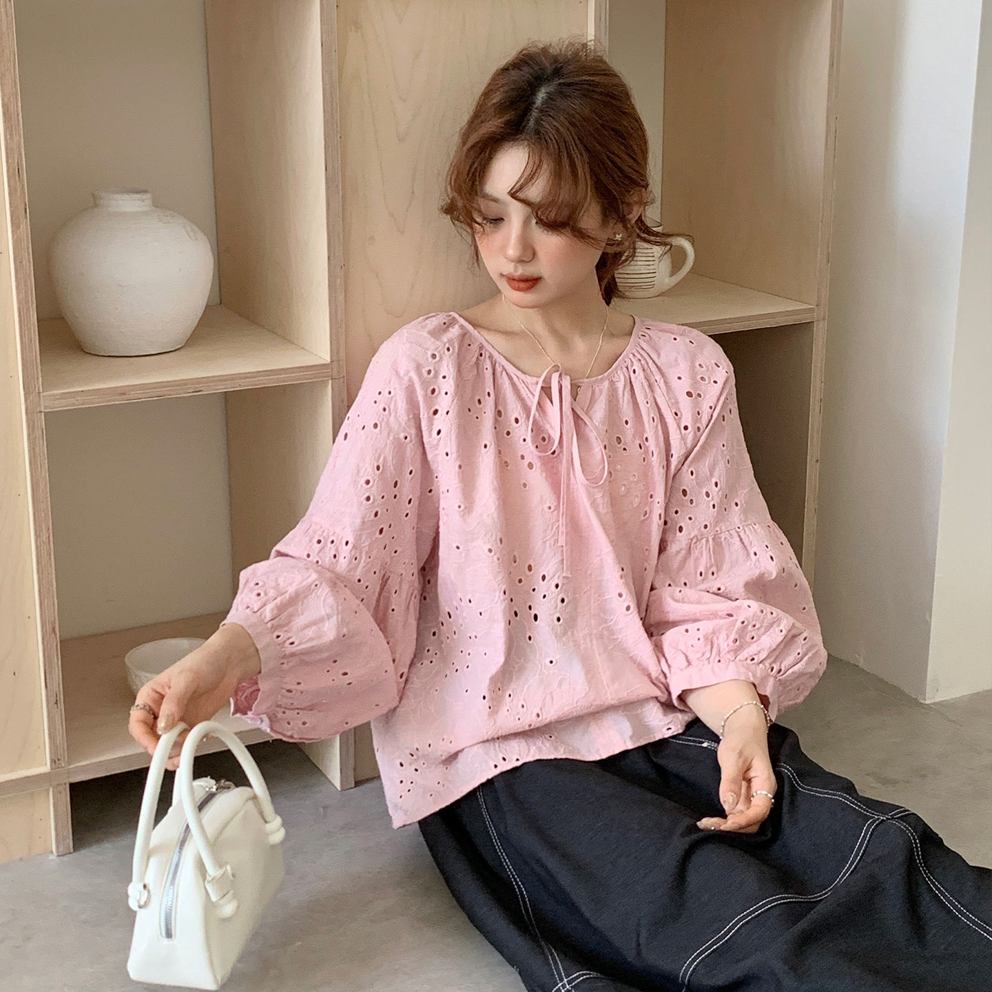 CRISP日系穿搭镂空刺绣套头衬衫女长袖系带上衣小衫2025秋季新款
