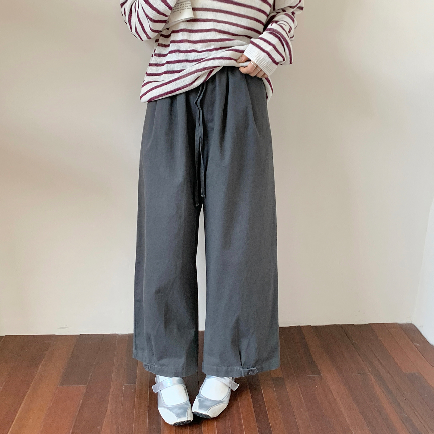 CRISP日系穿搭抽绳系带阔腿休闲裤女宽松灰色裤子2025秋季新款