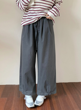 CRISP日系穿搭抽绳系带阔腿休闲裤女宽松灰色裤子2025秋季新款