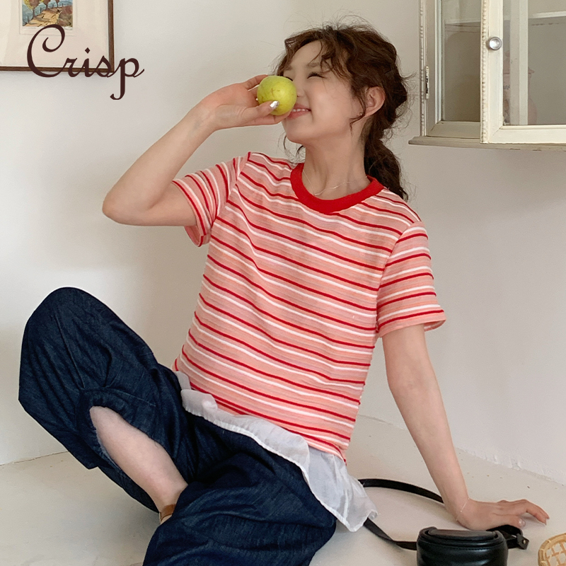 CRISP日系穿搭撞色圆领条纹短袖显瘦T恤女正肩上衣2025夏季新款