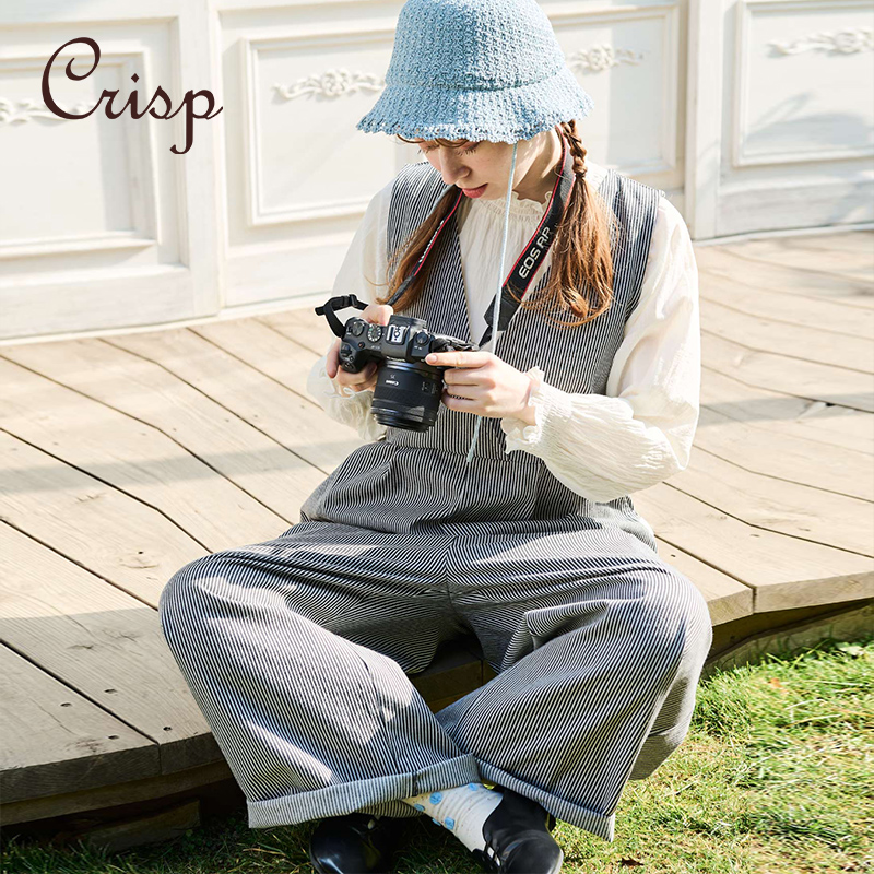 CRISP日系穿搭纯棉牛仔条纹连体裤女宽松阔腿连身裤2025春季新款