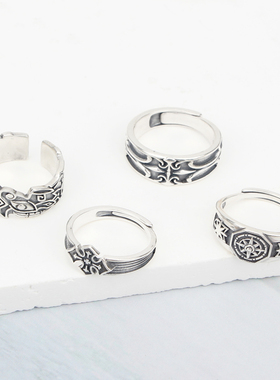 S925纯银复古十字鸢尾开口戒指