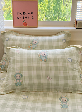全棉小清新碎花可爱绿色条纹格子枕套一对装四季通用48cmx74cm