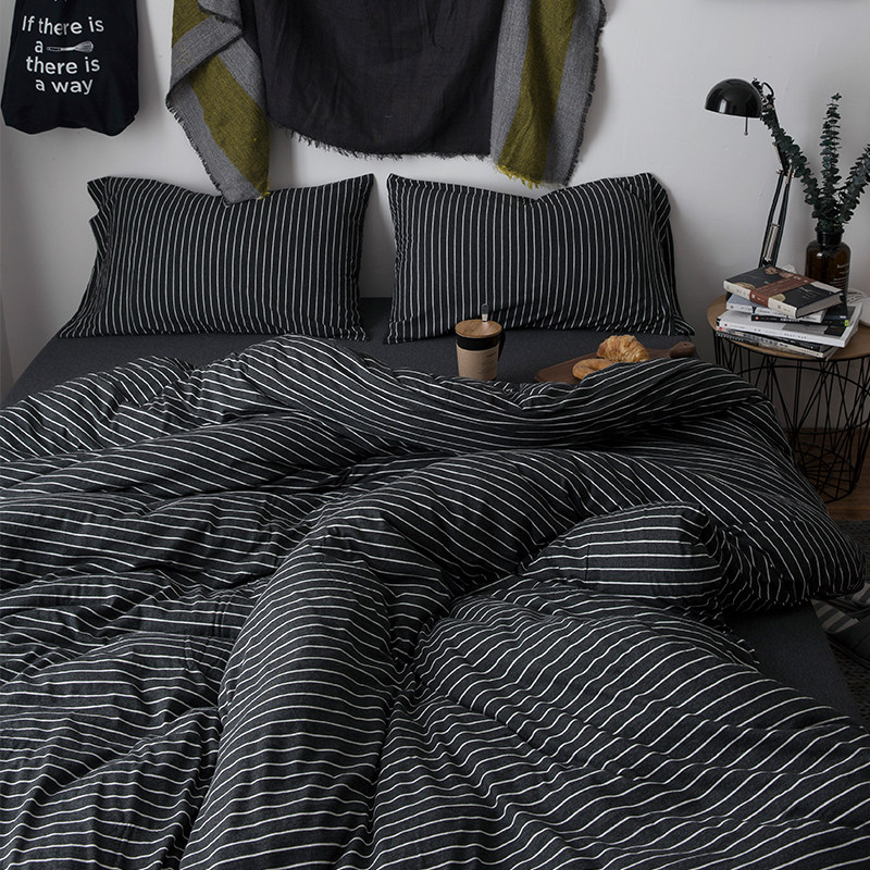 天竺棉针织四件套良品 全棉黑白条纹被套纯棉床上用品1.5m1.8米床