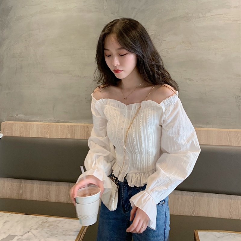2019初秋新款韩版修身褶皱长袖外套短款衬衫木耳边一字肩上衣女|ruв категории Женская одежда, рубашка - от Buy2taobao.com для оказания профессиональной услуги покупки агента Taobao