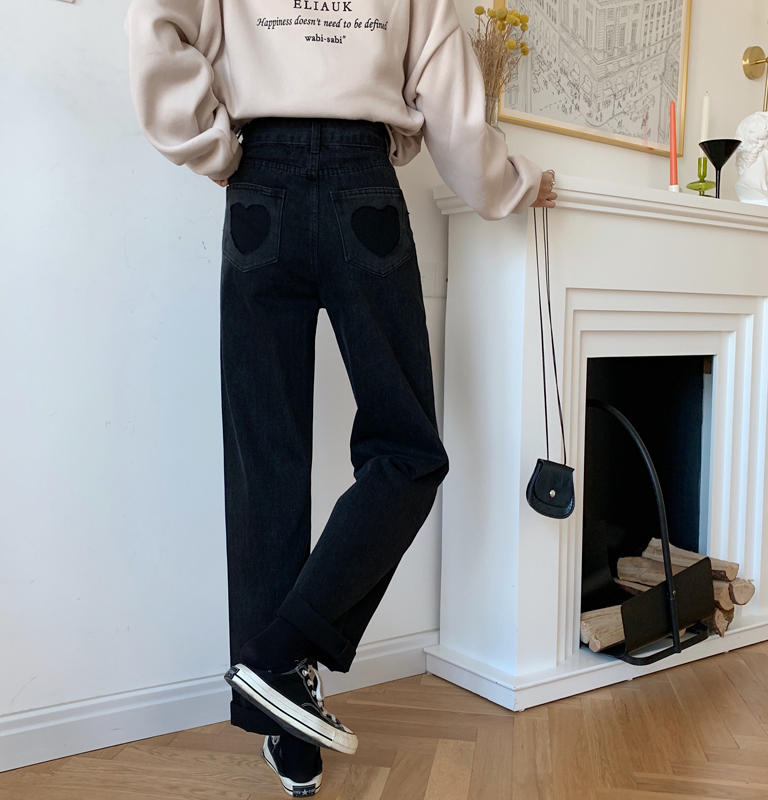 Real shot real price spring Korean love high waist slim design sense black straight jeans floor pants