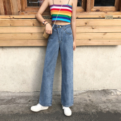 Real price spring high waist straight leg loose blue jeans