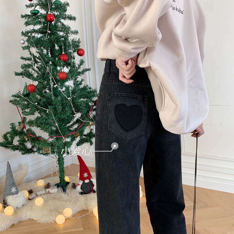 Real shot real price Korean love high waist slim design sense black straight jeans floor pants