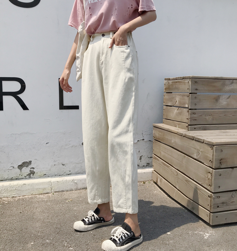 Real photo, real price, loose jeans, women's walking, adjustable high waisted radish pants with wind button