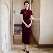 优雅走秀演出宴会婚庆礼服裙 2025新款 三只蝴蝶 金丝绒旗袍修身