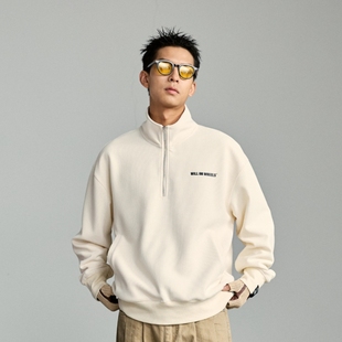 意志驱动热爱认证半拉链立领卫衣华夫格保暖套头衫 翻领上衣潮牌男