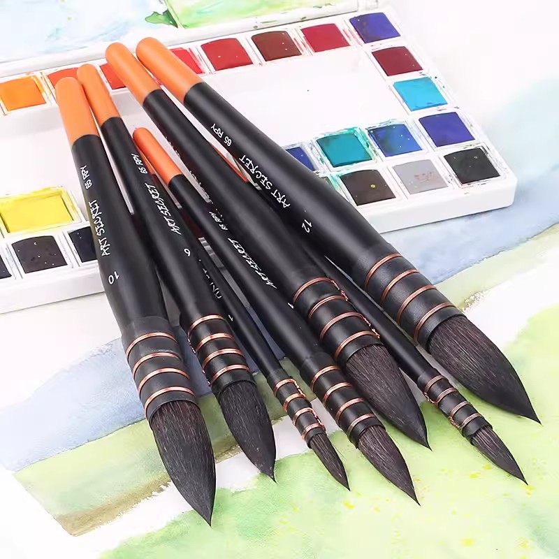 artsecret松鼠毛水彩画笔套装初学者美术学生专用专业圆头红黄蓝黑胖子勾线灰鼠动物毛笔拖把绘画画笔刷65RPY