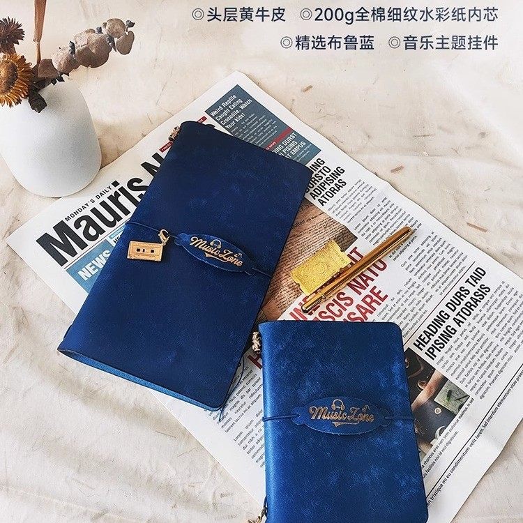 遵爵植鞣皮绑页手账本细纹200g头层牛皮全棉水彩本布鲁蓝手账随身便携TN旅行绘画速写钢笔淡彩画画专用纸