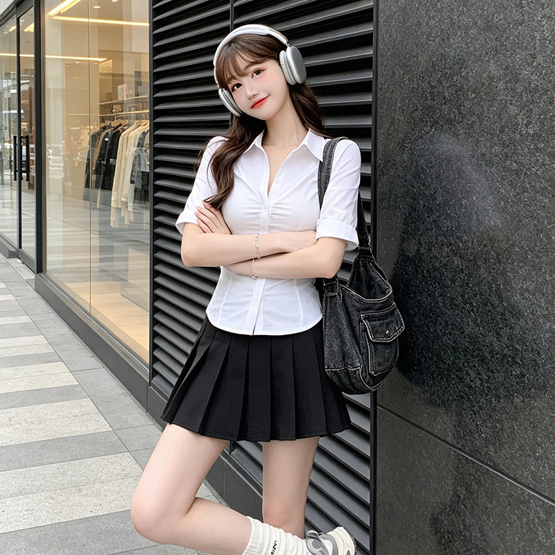 收腰白色衬衫女夏季学院风百褶裙套装裙修身性感短袖衬衣纯欲制服