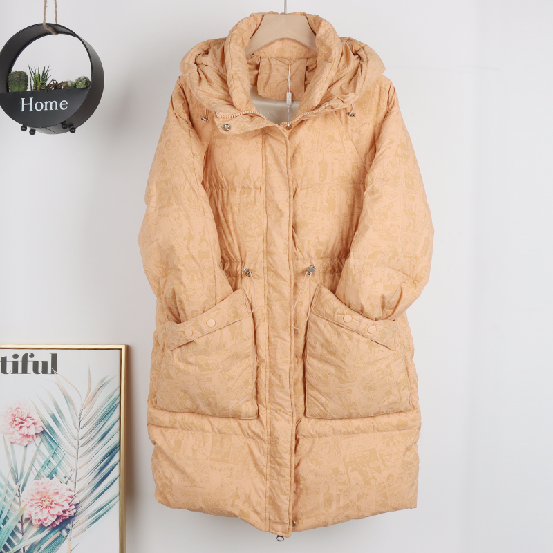 04TY045冬季新款涂鸦画报抽绳连帽不可拆中长款羽绒服外套