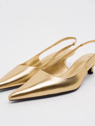 Za Brand Gold Pointed-Toe Leather Slingback High Heels Women's Stiletto 2023 Summer New Shallow Casual Sandals