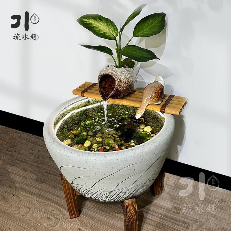 生态鱼缸陶瓷罐开口循环流水配件庭院花园造景装饰品增氧过滤摆件