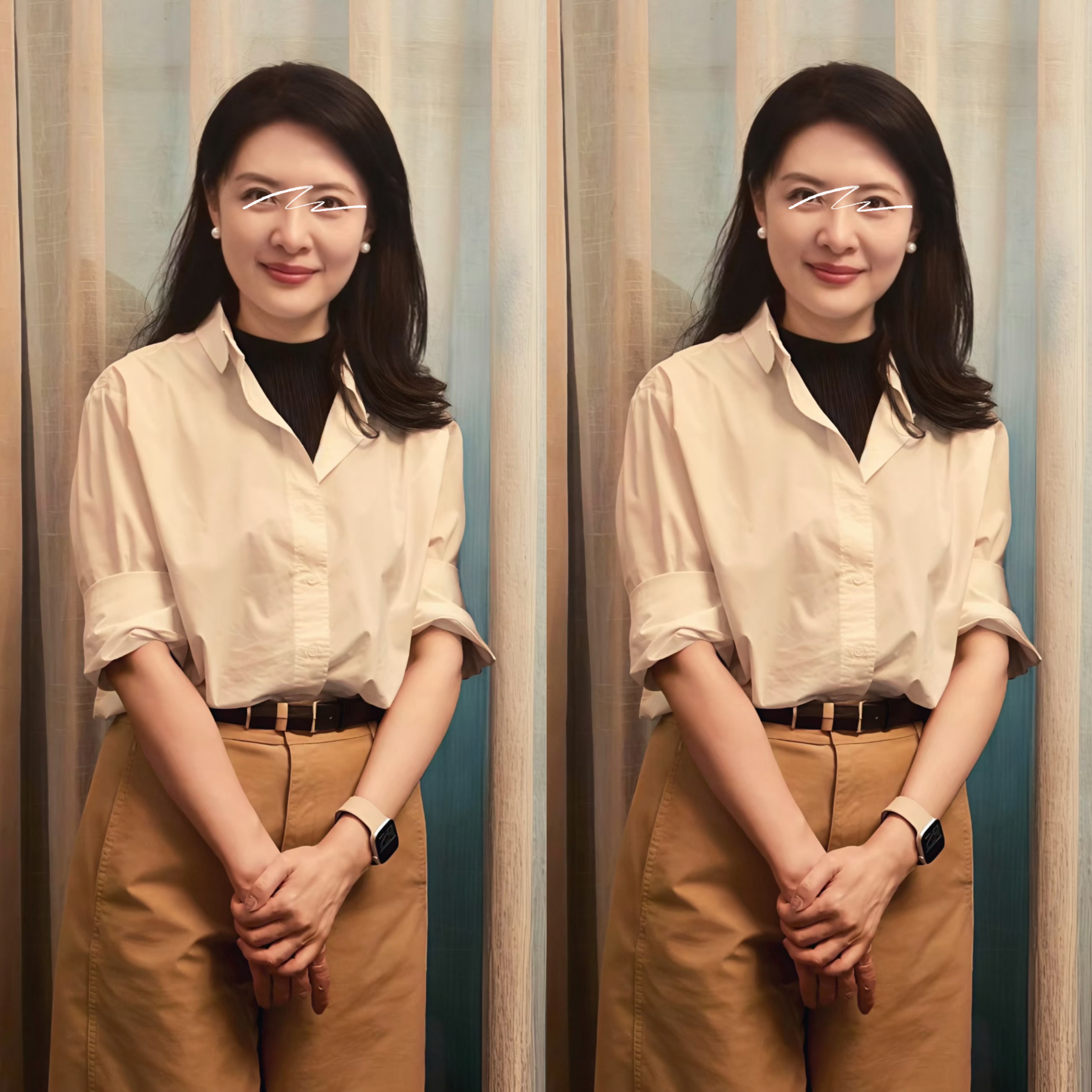 【有品有型】白色长袖衬衫卡其裤简约时髦港风套装女高知通勤春秋