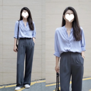 「清冷又高级」氤氲蓝套头宽松蝙蝠长袖通勤职场衬衫女小众设计感