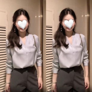 有质感的高级| 官蓝V领长袖丝缎衬衫女通勤气质职场穿搭优雅知性