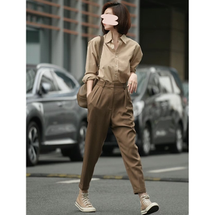 秋意渐浓|卡其长袖棉衬衫咖棕小脚西裤雅致摩登通勤女套装高级感