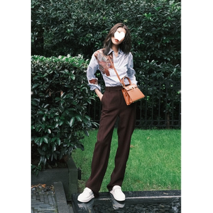 「小众复古栗色」高腰直筒女长裤宽松休闲阔腿西装拖地裤子春秋