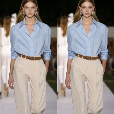 老钱松弛感通勤穿搭| 广岛蓝长袖宽松休闲衬衫浅春系干净气质穿搭