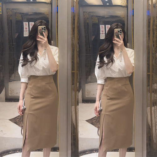 温柔干净配色| 奶白色五分袖衬衫蜜茶棕高腰半身裙通勤职业女套装