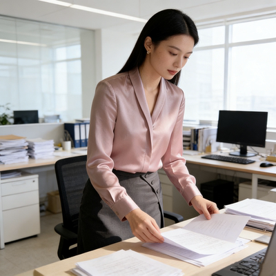 「安娜粉」青果领暗门襟长袖丝缎衬衫女通勤气质职业衬衣独特好看