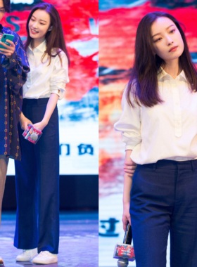 简洁利落| 小众设计感套头长袖白衬衫藏蓝色微喇西装裤女套装春秋