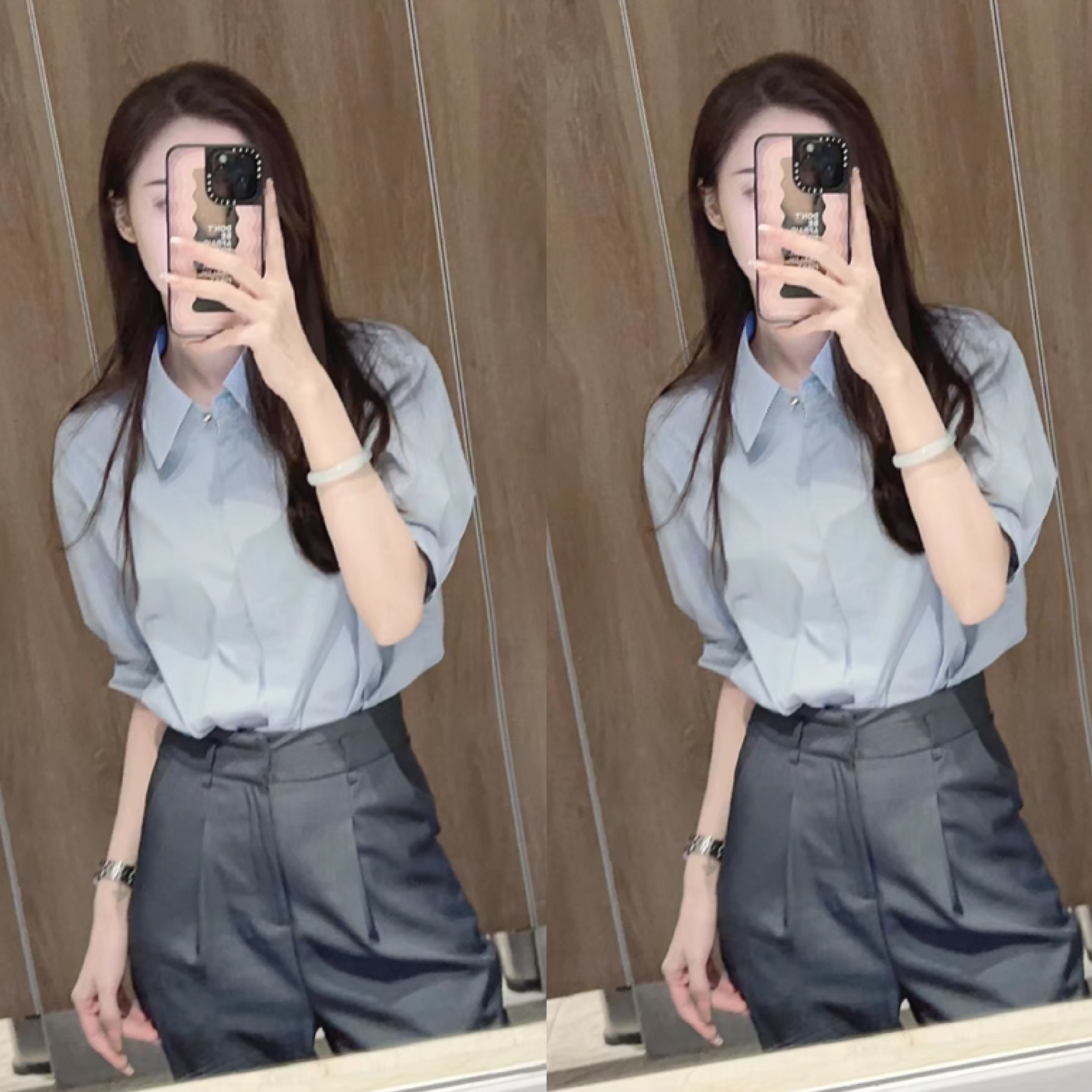 【通勤万能穿搭】清浅蓝短袖衬衫灰色七分西装裤体制内女职业套装