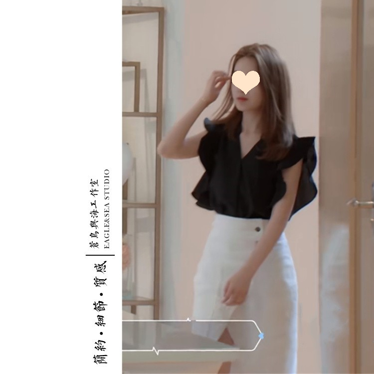 黑色甜美飞飞袖女衬衫