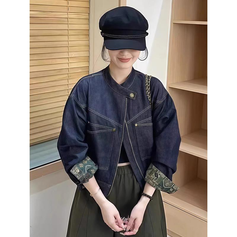 高级感覆古圆领牛仔外套女2025秋季新款韩版宽松休闲短款夹克上衣