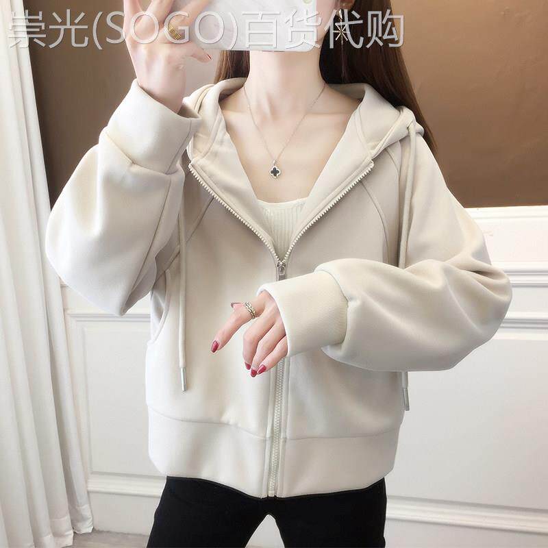 潮牌简约连帽小个子卫衣短款外套女2025春秋新款加绒开衫纯色上衣