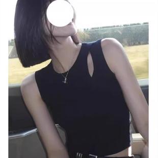 无袖 黑色工字吊带背心女士夏季 露脐挖肩短款 新款 上衣 辣妹收腰修身