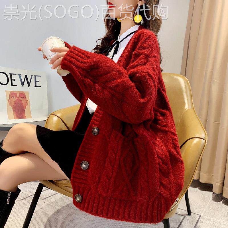 红色毛衣外套女秋冬加厚2025年新款洋派宽松慵懒风针织开 衫女长