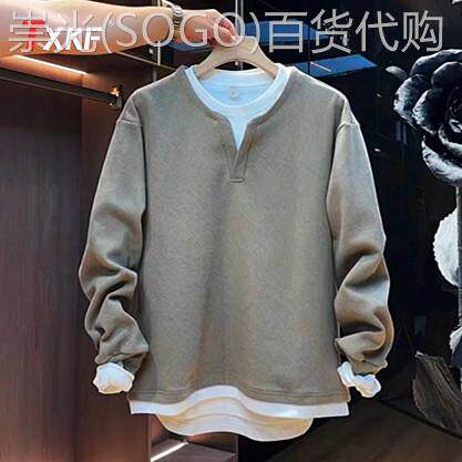 潮牌假两件V领男士卫衣2025新款秋冬季加绒加厚长袖t恤打底衫男款